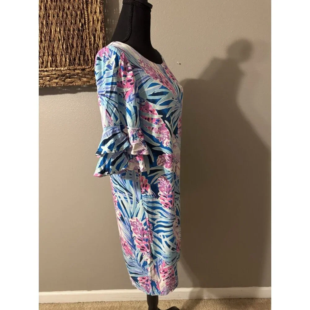Lilly Pulitzer Dress M Blue Pink White Stretch Shift Short Ruffle Sleeve - Picture 5 of 13